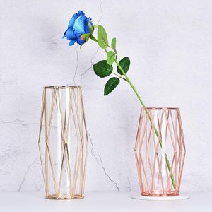 Vasen Nordic Wind Schmiedeeisen Diamant Glas Hydrokultur Vase Gold Kreative Moderne Luxus Hause Dekoration Ornamente.