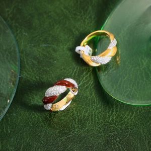 Italian woven carved gold wire drawing process 18K gold plated diamond inlaid enamel Fried Dough Twists ring