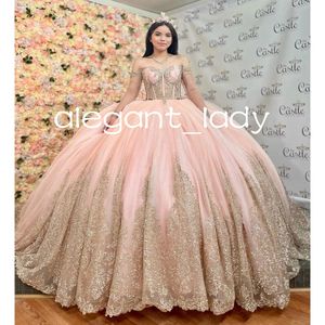 Princess Princesa Longa Manga Longa Vestidos Quinceanera com Cabo 2023 Gillter Crystal Applique Lace-up Corset Bestidos de 15 Anos