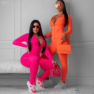 Kvinnor s tvåstycksbyxor Neon Pink Orange Two Pieces Set Women Fitness Sportwear Autumn Long Sleeve Skinny Topps Elastic Leggings Tracksuit 230522