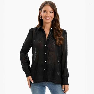 Blouses feminina Black Chiffon Camisa Mulheres 2023 Moda Transparente Top veste Blusa de renda bordada de senhora formal