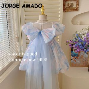 Girl s Dresses Summer Princess Dress Round Collar Short Puff Sleeves with Pearl Print for Children Headdress E38011 230520