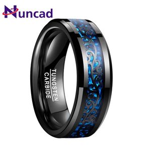 Anéis nuncad 8mm de alianças de noivado anel de noivado revestimento preto tungstênio carboneto anel incrustado padrão videira blue fiber jóias masculinas