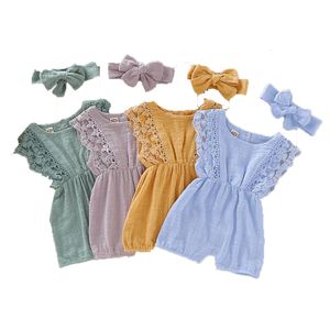 Pagliaccetti Summer Baby Girl Pagliaccetti nati Vestiti per bambini Toddler Flare Sleeve Solid Lace Design Pagliaccetto Tuta con fascia 230522