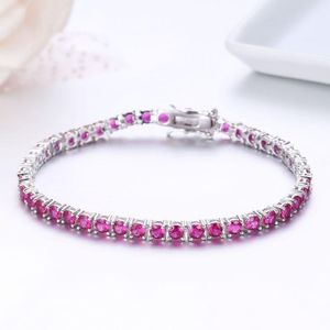 Bangle 3mm 925 Sterling Silver Round Rose Red Synthetic Ruby Tennis Bracelets Pulseras Pulseira Bracelete Women Jewelry Girl Friend