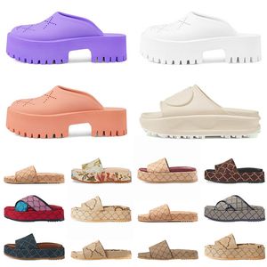 2023 Hot Casual Fashion Summer Platforms Tryckt broderade berömda glidlägenheter Tjocka botten tofflor Brun gula vita sandaler Leathe Eur: 36-45