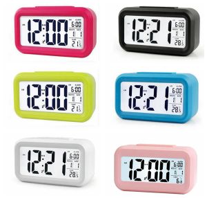 Plástico mudo despertador lcd temperatura inteligente bonito fotossensível cabeceira digital despertadores snooze nightlight calendário mesa relógio