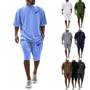 Roupa masculina de verão conjuntos curtos de algodão com decote em O agasalho masculino oversized kit esportivo casual roupas masculinas conjunto de 2 peças