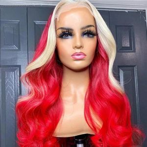 Body Wave Highlight Blonde To Red Synthetic Hair Lace Front For Women Daily Blonded Wavy Heat Resistant Fiber Cosplay