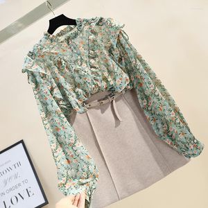 Kvinnors blusar Floral Mönster Skjorta Kvinnor 2023 Summer Thin Ladies Top Ruffles Stand Collar Long Sleeve Button Up Tops Mujer