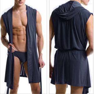 Men's Sleepwear European Men's Bathrobes Ice Silky Mens Hooded Sleeveless Bathrobe N2N Men Plus Size Nightgown Nighty 2023