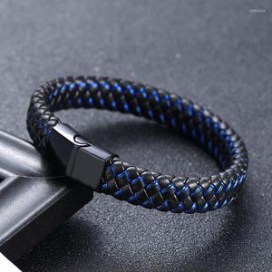 Strand Punk Men Jewelry Braided Blue Leather Bracelet Stainless Steel Magnetic Clasp Fashion Bangles Gift