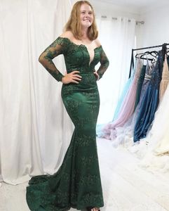 New Mermaid Evening Dresses Formal Prom Party Gown Off-Shoulder Long Sleeve Floor-Length Sweep Train Applique Lace Satin Backless Illusion