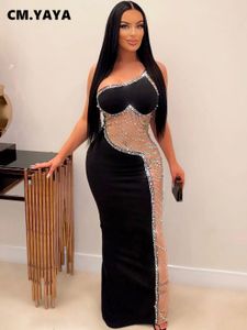 الفساتين غير الرسمية الأساسية CM Yaya Women One -Counter Slights Mesh Patchwork Diamonds Maxi Long Dress 2023 Ins Club Sexy Party Vestidos 230522