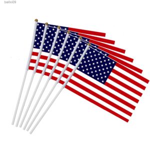 Party Decoration 6pcs USA Stick Flag American US 5x8 inch HandHeld Mini Flag ensign 30cm Pole United States Hand Held Stick Flags banner T230522