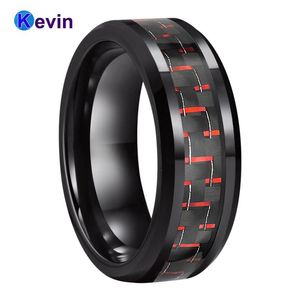 Ringe Schwarzer Ehering Damen Herren Wolframring mit schwarz + roter Kohlefasereinlage 8 mm Comfort Fit