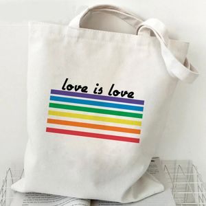 Lgbt Love Is Lovs Bolsa de lona com estampa de arco-íris Bolsa de ombro único Bolsa de compras casual para estudantes