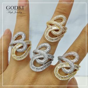 Группы Godki Monaco Design Luxury Crossover Scover Sackable Rings for Women Свадебные кубические цирконы помолвка Dubai Naija Bridal Finger Ring