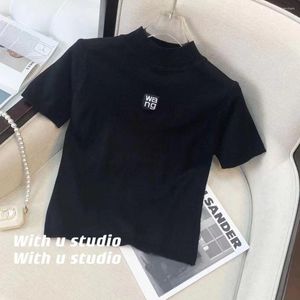 Women's T Shirts Spring And Summer 2023 Letter Half Turtleneck Short Sleeve/Black White Classic Sweater Slim Fit Slimming Top Women