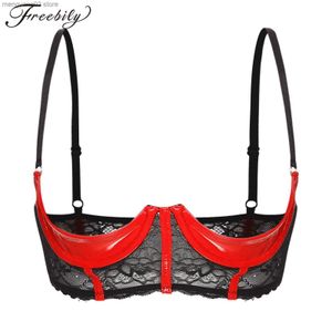 Bras Womens Patent Leather Bra Tops See Through Sheer Lace Adjustable Straps 1/3 Cups Push Up Underwire Bralette Underwear Lingerie T230522