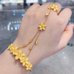 Bracelets de link 24K Gold Bated Blossom Bracelet Ring Jóias de corrente de uma peça para mulheres DD10221