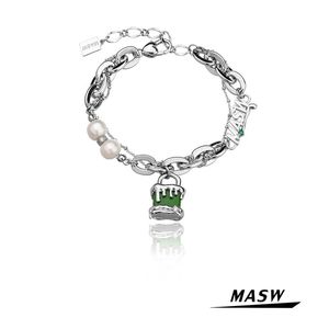 Braccialetti MASW Gioielli moderni Bracciale con ciondoli verdi geometrici Bracciale a catena color argento con perle d'acqua dolce naturali a uno strato Regali per feste