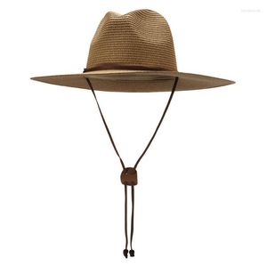 Wide Brim Hats Women Men Panama Straw Hat With Chin Strap Summer Garden Beach Sun Ribbon Tie UPF 50 HatsWide Davi22