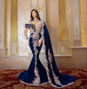 Velvet Gorgeous Evening Dresses Mermaid High Neck Long Sleeve Floor-Length Sweep Train Beaded Crystal Applique long Illusion Prom Party Gown