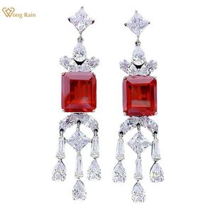 Knot Wong Rain Boho 925 Sterling Silver Emerald Cut Ruby High Carbon Diamonds Gemstone Drop Dangle örhängen Fina smycken Partihandel