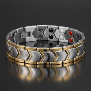 Pulseiras de aço de titânio banhado a ouro para homens fileira dupla ímãs fortes pulseiras de germânio de íon negativo