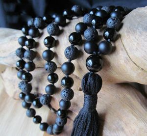 Halsketten Mala-Halskette mit 108 Perlen, Halskette aus schwarzem Onyx und Lavastein, Quastenketten, Yoga-Schmuck, Gebetsperlen-Halsketten, schwarze Mala-Perlen