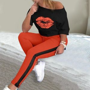 Running Sets 2 Pcs/Set Women Top Pants Set Round Neck Lip Print Contrast Color Long Sleeves Slim Fit Sports Drawstring Suit