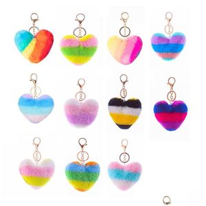 Keychains Lanyards Heart Shaped Plush Creative Rainbow Stitching Imitation Rabbit Fur Keychain Lage Decoration Keyring Pendant Dro Dhalq