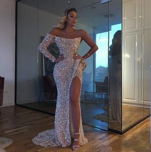 Mermaid Evening Dresses Formal Prom Party Gown One-Shoulder Long Sleeve Floor-Length Sweep Train Sequined long Thigh-High Slits Custom