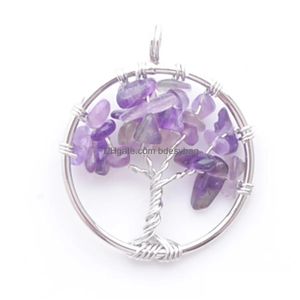 Pendant Necklaces Natural Chips Stone Pendants Round Beads Tree Of Life Handmade Wire Sier Wrapped Chakra Reiki Bn388 Drop Delivery J Dhvde