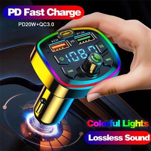 Car Bluetooth 5.0 Charger FM Sändare PD 20W Type-C Dual USB 3.1A Colorful Ambient Light Cigarett Lighter Mp3 Music Player