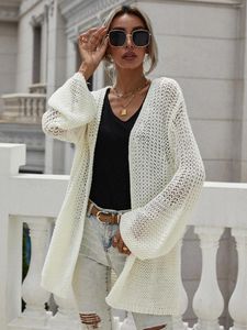 Kvinnors stickor Kvinnor Simple Style Sticked Cardigan Solid Color Long Balloon Sleeves Hollow Out Sweaters Jumpers Winter Clothing