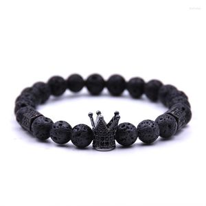 Strand 2023 Trendy 8mm Black Lava Stone Beads Armband med guld silverfärglegering krona för kvinnor män par armbanden smycken