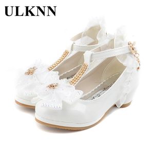 Sneakers ULKNN Children Party Leather Shoes Girls PU Low Heel Lace Flower Kids for Single Dance Dress Shoe White Pink 230522