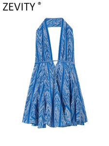 الفساتين غير الرسمية الأساسية Zevity Women Vintage هندسي الطوطم الأزهار الرسن Mini فستان أنثى صيف الصيف الدانتيل Up Vestidos ds1844 230522