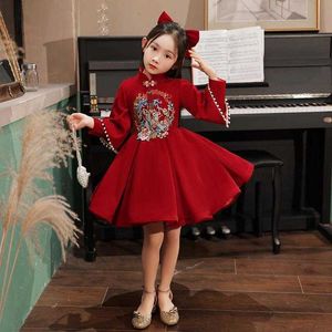Girl's Dresses Wine Red Vintage paljetter Prom Christmas Eve Party Dress Frog Children's Girls Elegant Tank Top G220523