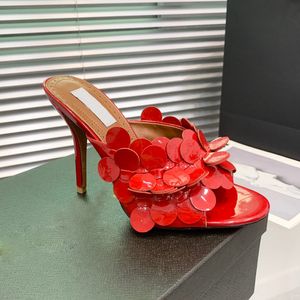 Nova decoração de pétalas mulas chinelos sandálias stiletto slides sapatos de dedo aberto feminino designer de luxo couro vestido sapato sola sapatos de noite calçados de fábrica