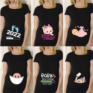 Umstands-Tops, T-Shirts, schwarzes Schwangerschafts-Shirt, süßes Baby-Aufdruck, O-Ausschnitt, kurzärmeliges T-Shirt, schwangere Tops, Mutter-Kleidung, Baby-Ankündigungs-T-Shirt, T230523
