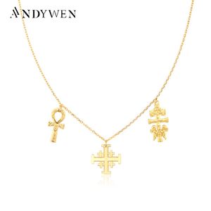 Halsband Andywen New 925 Sterling Silver Gold Cross Sacred Charm Pendant Horoskopkedja Choker Lång halsbandsmycken Wedding Present