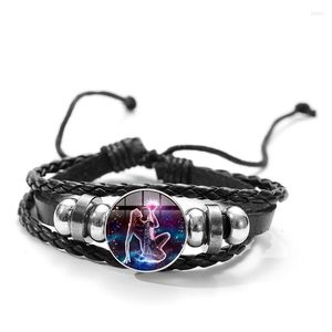 Charm Armbänder DoreenBeads Constellations Series Armband 12 Sternzeichen Schwarzer Knopf Gewebtes Leder Glaskuppel Schmuck Herren Accessoires