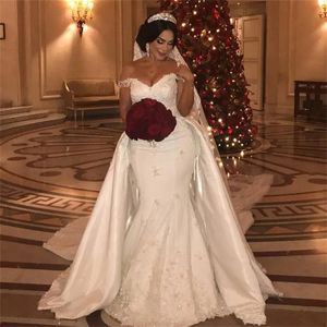 Gorgeous Satin Mermaid Wedding Dresses With Detachable Train Lace Appliques Beaded Off The Shoulder Long Bridal Gowns Arabic Dubai Vestido De Novia