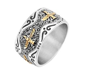 Stainless steel masonic cross Rings Jewel Freemasonry flying eagle titanium steel crossed Men Ring with black stones 13mm width