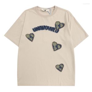 T-shirt da uomo Harajuku Distressed Tshirt Oversize High Street Love Denim Letter Patch T-shirt manica corta ricamata da donna Allentato