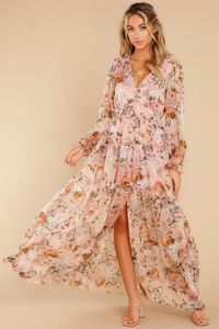 Casual klänningar sexig lång klänning blommig tryck djup v hals rufsar vår höst bohemian strand chiffong dam cardigan maxi kvinnliga kläder