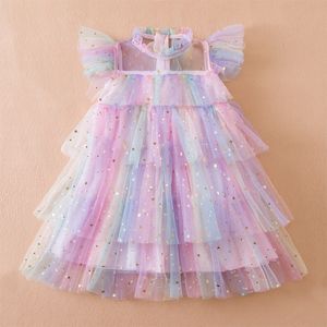 Moda bebê menina estrela lantejoulas arco-íris vestido 2-8t crianças tule designer bolo saia crianças verão vestidos de princesa